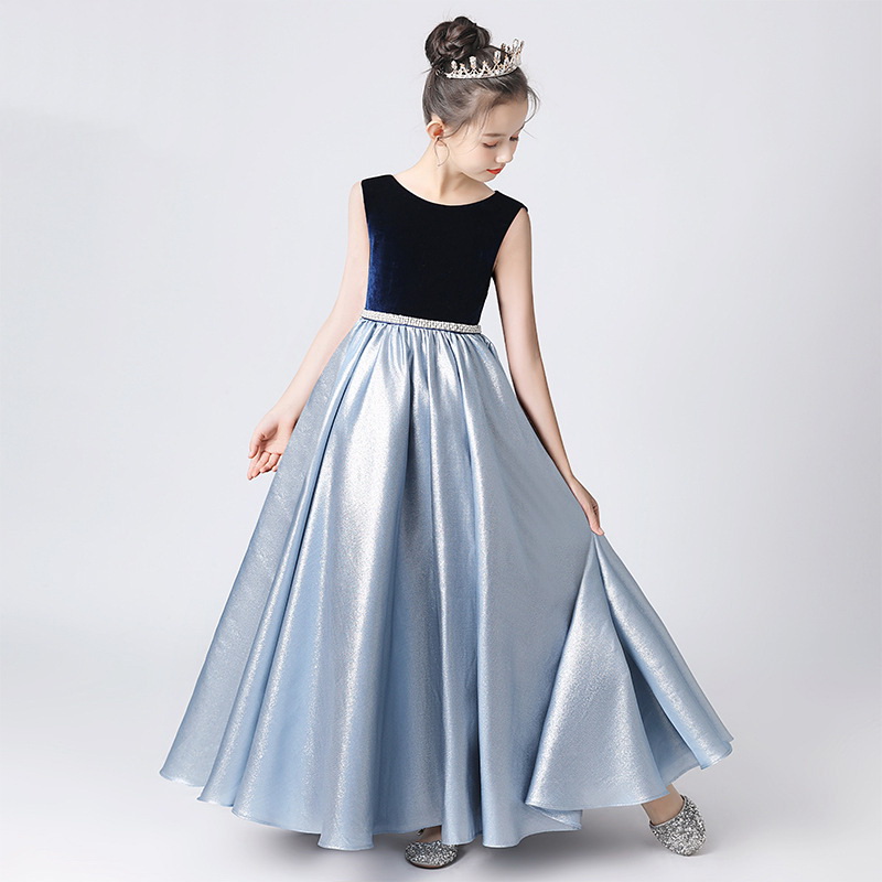 Gd4035- พร้อมส่งจากไทย ชุดออกงานเด็กหญิงสีน้ำเงิน-ฟ้าเทาเงิน สีทูโทน ผ้าสวยเรียบหรูดูสง่างาม ชุดราตรีเด็กทรงยาว ชุดออกงานการแสดง