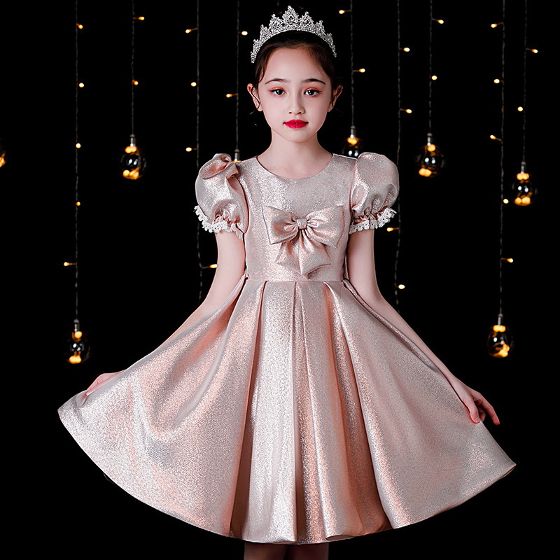 Gd4523- พร้อมส่งจากไทย ชุดออกงานเด็กหญิงสีชมพู แบบชมพูโรสโกลด์ หรือสีพิ้งค์โกลด์ สีสวยผ้าสวยสุดหรูหรา โบว์แยกจากชุดได้ ชุดราตรีเด็กทรงสั้น