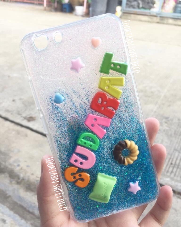 เคสกากเพชรสีฟ้าเข้ม ไล่ใส อักษรคละสี