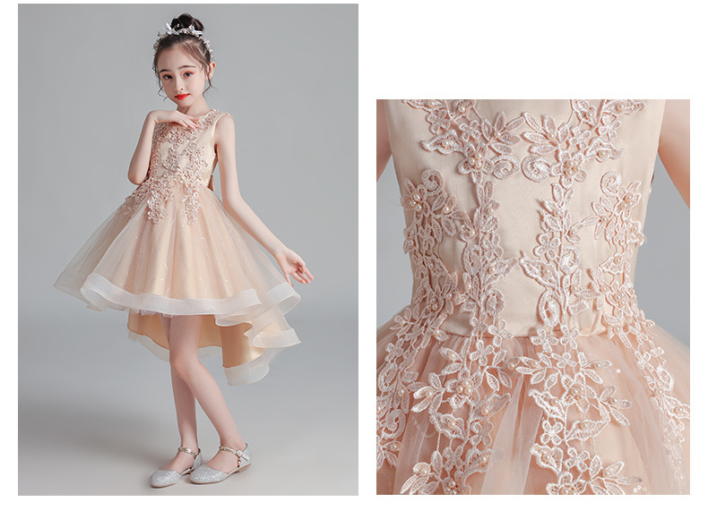 Gd3997- พร้อมส่งจากไทย ชุดออกงานเด็กหญิงสีครีม ลูกไม้สวยกระโปรงฟรุ้งฟริ้ง ชุดราตรีเด็กทรงหน้าสั้น-หลังยาวแบบบเดรสหางปลา ชุดออกงานการแสดง