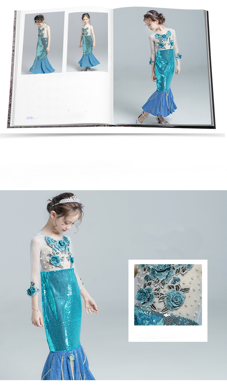 Gd33341-2 พร้อมส่งชุดเดรสออกงานเด็กสีฟ้าเงือกน้อยแสนสวยแบบแขนยาว