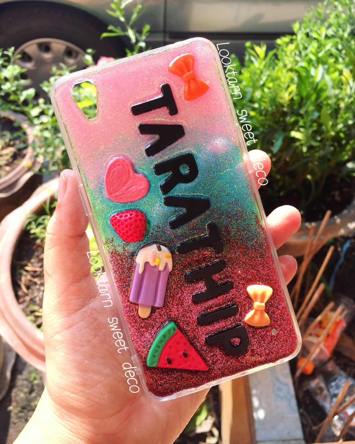 เคสกากเพชรชมพู ฟ้า ม่วง อักษรสีดำ