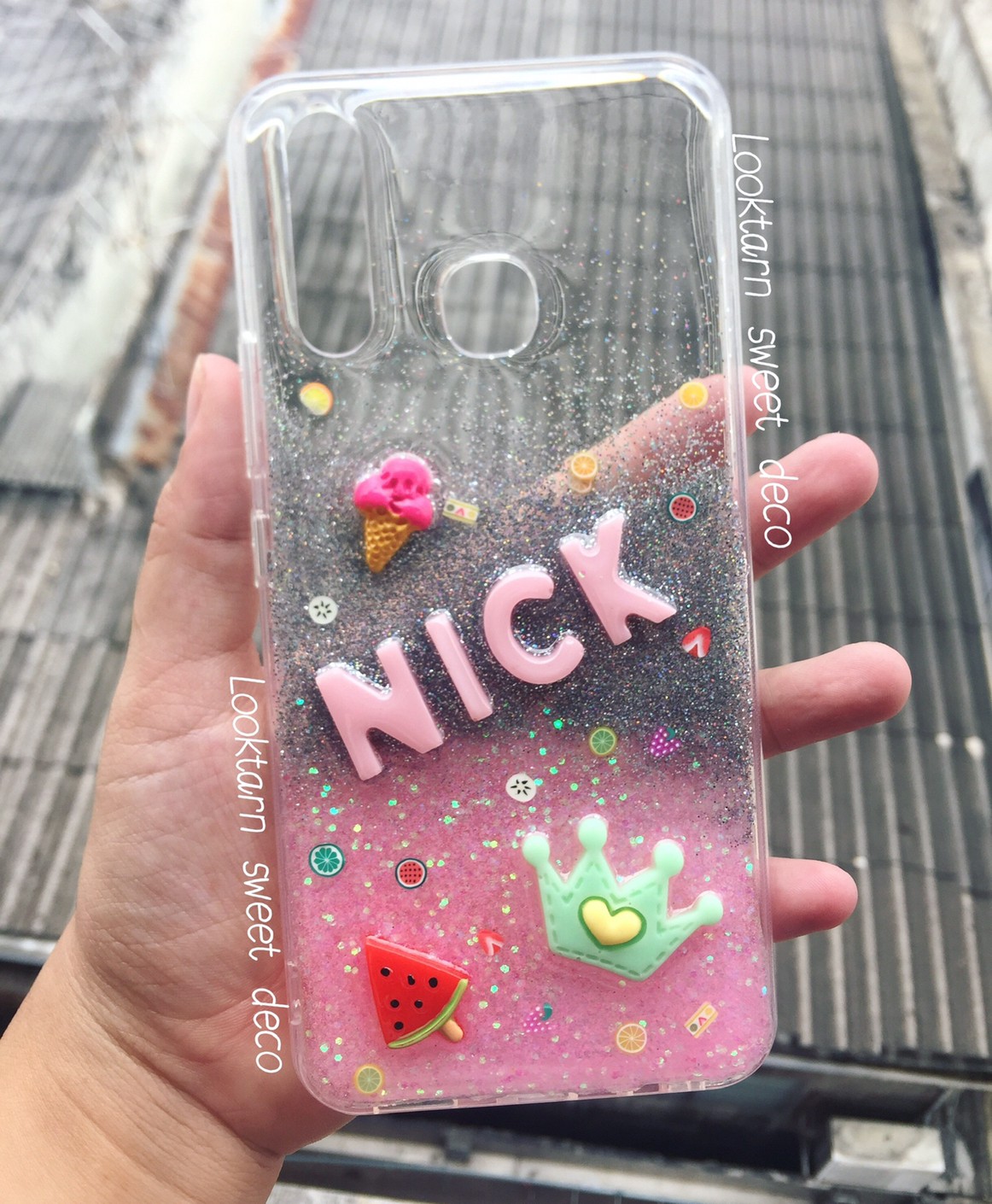 เคสกากเพชรชมพู เงิน ไล่ใส อักษรสีชมพูล้วน