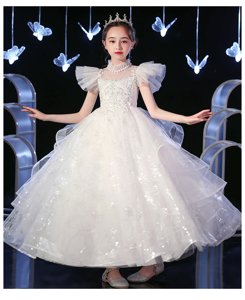 Gd3848- พร้อมส่งจากไทย ชุดออกงานเด็กหญิงสีขาว ตกแต่งสวยตลอดตัว ชุดราตรีเด็กทรงยาวมีแขนน่ารัก พองฟูสวยดุจเจ้าหญิง