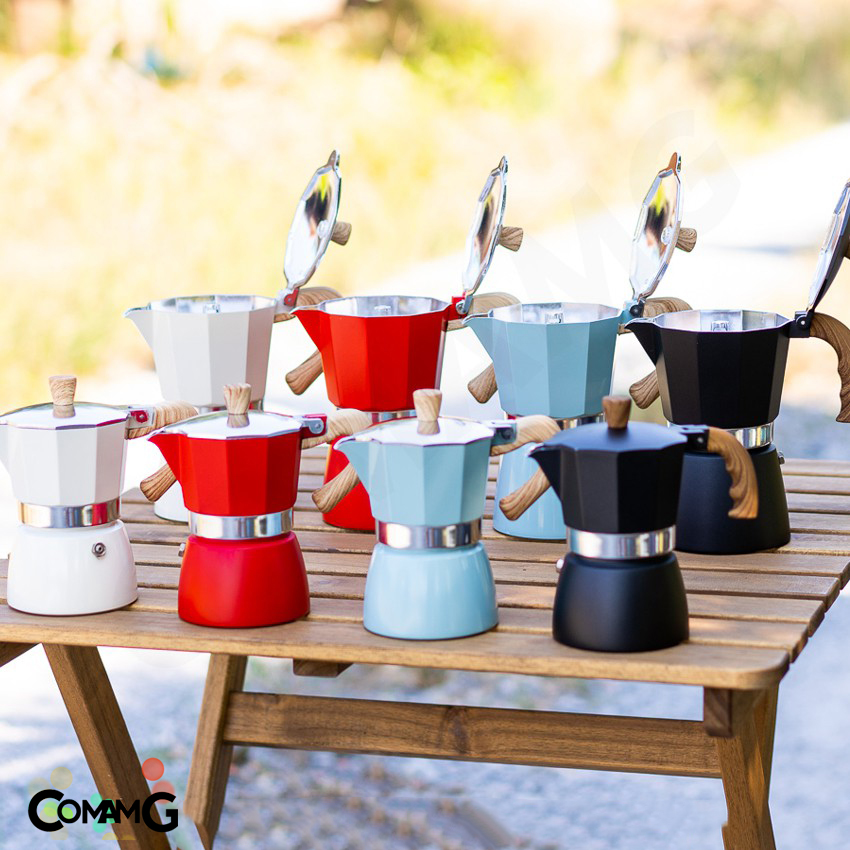 Moka Pot กาต้มกาแฟสดพกพา รุ่นหนา หม้อต้มกาแฟ ทรงแปดเหลี่ยม หูจับลายไม้ มีหลายสี