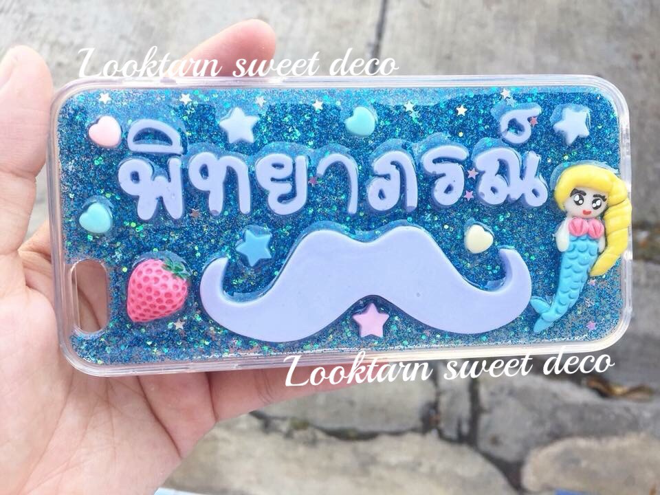 เคสกากเพชรฟ้าเข้ม อักษรสีฟ้าครามอ่อน เพิ่มหนวดใหญ่