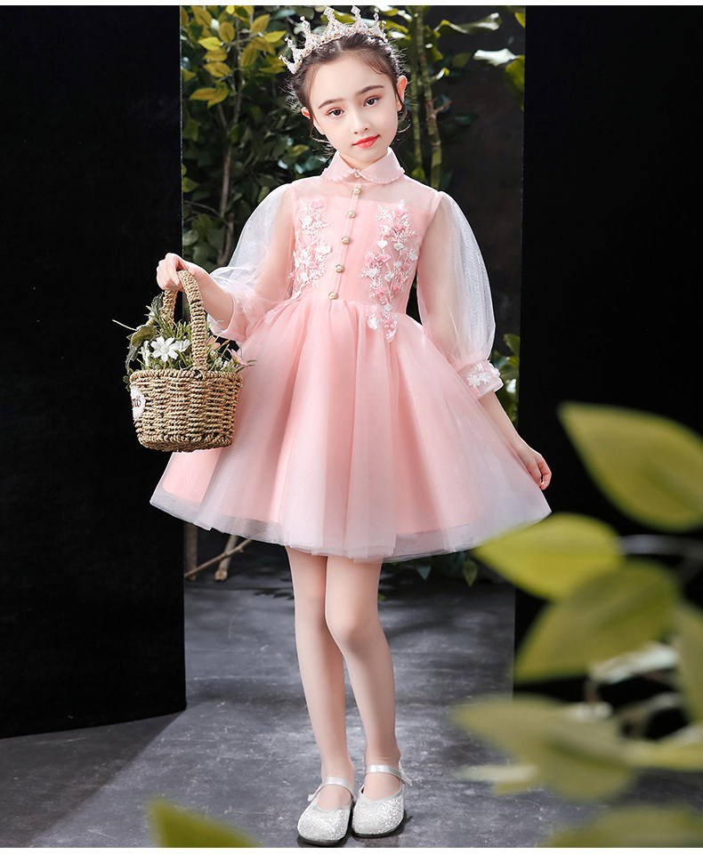 Gd3920- พร้อมส่งจากไทย ชุดออกงานเด็กหญิงสีชมพู สีชมพูอ่อนนวล ตกแต่่งสวยหรูดูดี ดูสวยสง่า ชุดราตรีเด็กทรงสั้น แขนยาว