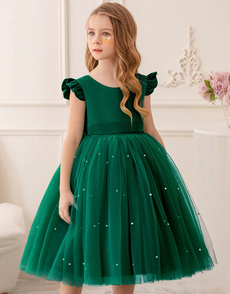 Gd4340- พร้อมส่งจากไทย ชุดออกงานเด็กหญิงสีเขียว แขนระบายสุดน่ารัก โบว์ใหญ่สวยๆ แยกจากชุดได้ ตกแต่งมุกที่กระโปรง ตัวเสื้อเงาดุจผ้าไหม ชุดราตรีเด็กทรงสั้น