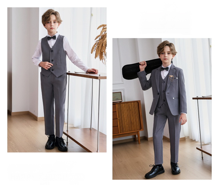 Bset0161- ชุดสูทเด็กชาย 5ชิ้น เนื้อผ้าสวยหรู ทรงสวยดูดี มีสไตล์ มีเสื้อสูท+เสื้อกั๊ก+กางเกง+โบว์+เข็มกลัด ขนาดชุด +ดูเพิ่ม ในรายละเอียด สำหรับออกงาน หรือการแสดง