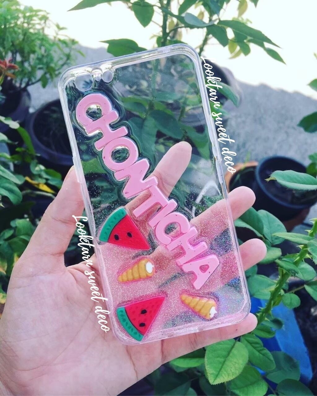 เคสกากเพชรสีชมพู ใส อักษรสีชมพูล้วน