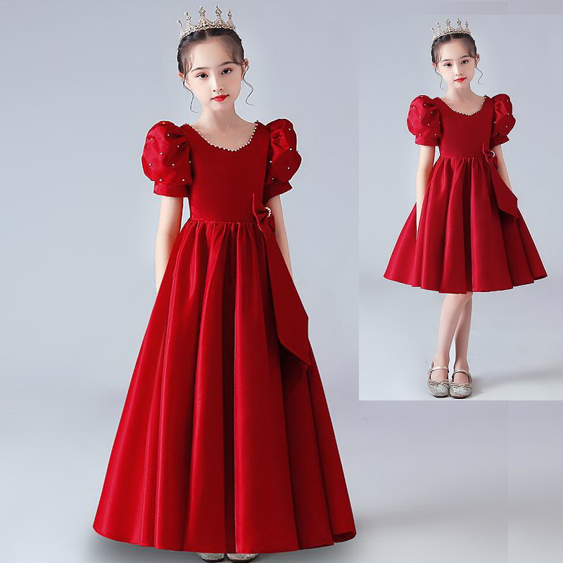 Gd4504- พร้อมส่งจากไทย ชุดออกงานเด็กหญิงสีแดง แขนตุ๊กตาสวย ปักตกแต่งมุก ผ้าสวยดุจไหม ทรงสวยดูหรูหรา ชุดราตรีเด็กทรงสั้น และทรงยาว