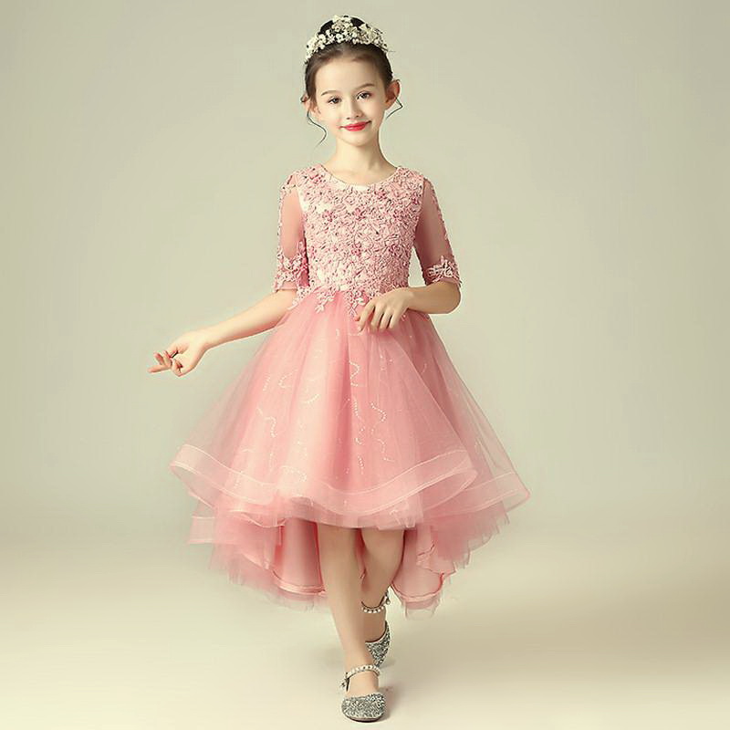 Gd3592- พร้อมส่งจากไทย ชุดราตรีเด็ก สีชมพูกลีบบัว ชุดออกงานเด็กหญิงสวยหรู ทรงหน้าสั้น-หลังยาวแบบเดรสหางปลา แขนยาวตามแบบ