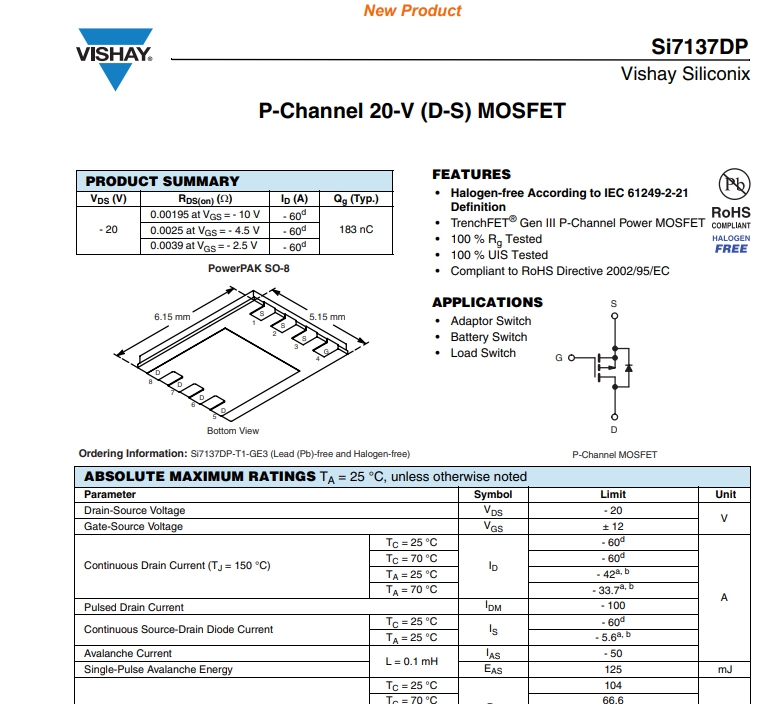 SI7137DP-T1-GE3 SI7137DP 7137 P-Channel 20-V MOSFET