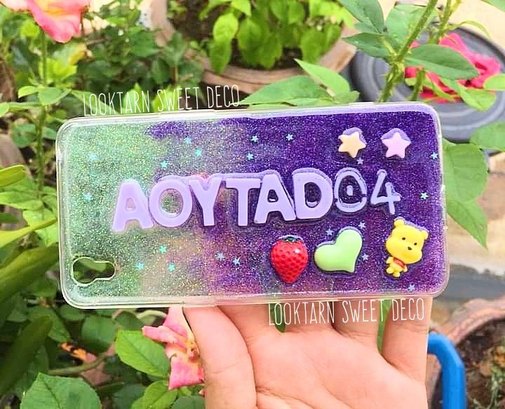 เคสเรซิ่นกากเพชรขาว-ม่วง อักษีสีม่วงอ่อน