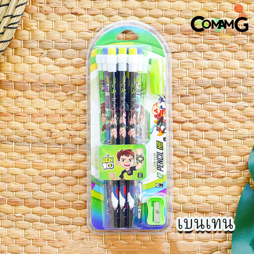 ชุดเครื่องเขียน ดินสอไม้ ดินสอหัวยางลบ ชุดเซ็ตดินสอ12แท่ง+กบเหลา ลายการ์ตูน ลิขสิทธิ์แท้