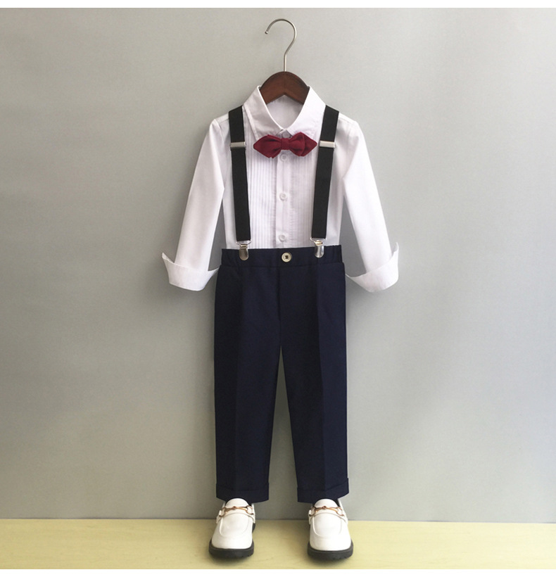 Bset0134- ชุดสูทเด็กชาย 4 ชิ้น เนื้อผ้าสวยใส่สบาย มีเสื้อเชิ้ตจับจีบ+กางเกง+โบว์+สายเอี๊ยม ขนาดชุด +ดูเพิ่ม ในรายละเอียด สำหรับออกงาน หรือการแสดง