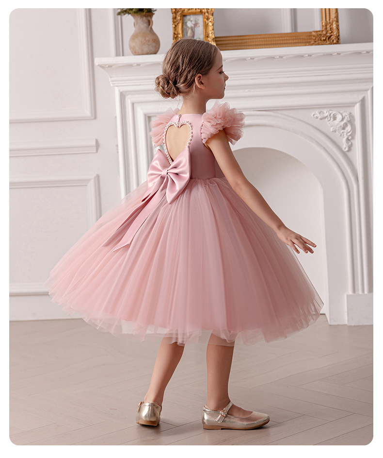 Gd4520- พร้อมส่งจากไทย ชุดออกงานเด็กหญิงสีแดง หลังเว้าสวยหวานด้วยมุก แขนระบายน่ารัก โบว์แยกจากชุดได้ ชุดราตรีเด็กทรงสั้น