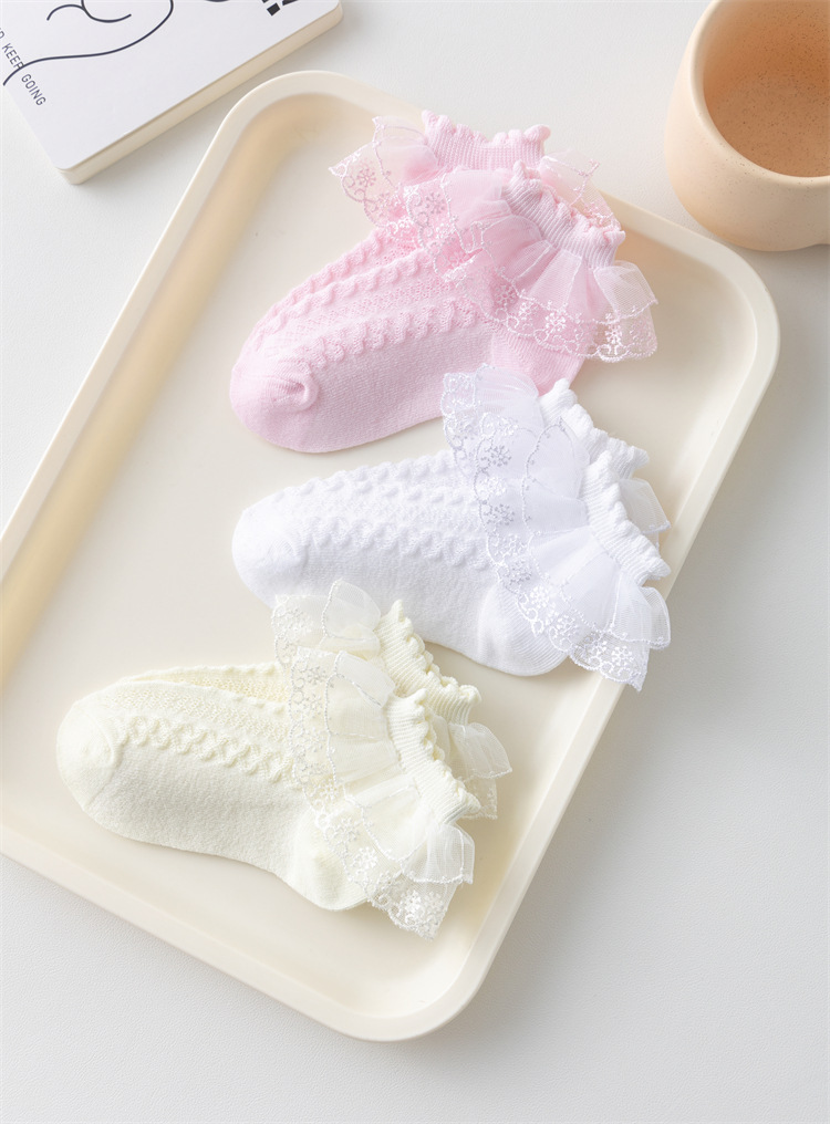 P5001- พร้อมส่งจากไทย ถุงเท้าลูกไม้เด็ก ระบายลูกไม้ แต่งลายลูกไม้น่ารัก ผ้ายืดหยุ่นนุ่มนวล สำหรับเด็ก1-12 ปี (ข้อสั้นตามภาพแบบ)