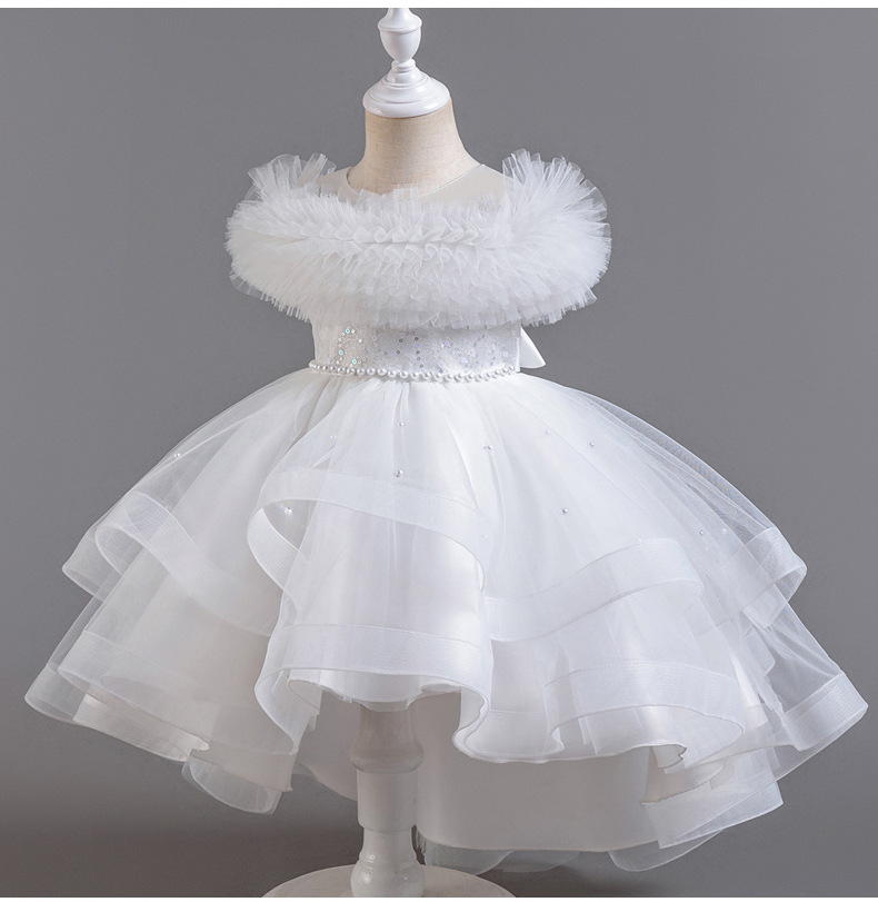 Gd4124- พร้อมส่งจากไทย ชุดออกงานเด็กหญิงสีขาว แขนสวยฟูฟ่อง ทรงสวย กระโปรงติดมุก สุดน่ารัก ชุดราตรีเด็กทรงหน้าสั้น-หลังยาว