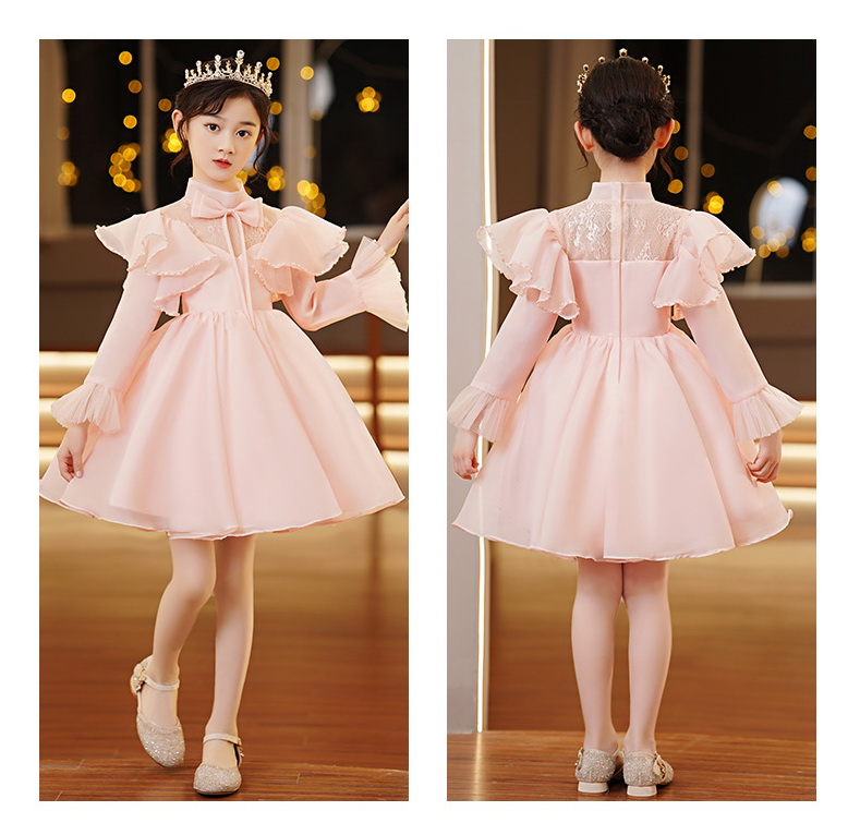 Gd3926- พร้อมส่งจากไทย ชุดออกงานเด็กหญิงสีชมพู ดูสวยสง่า ชุดราตรีเด็กทรงสั้น แขนยาว สไตล์สวยหรูดูดี