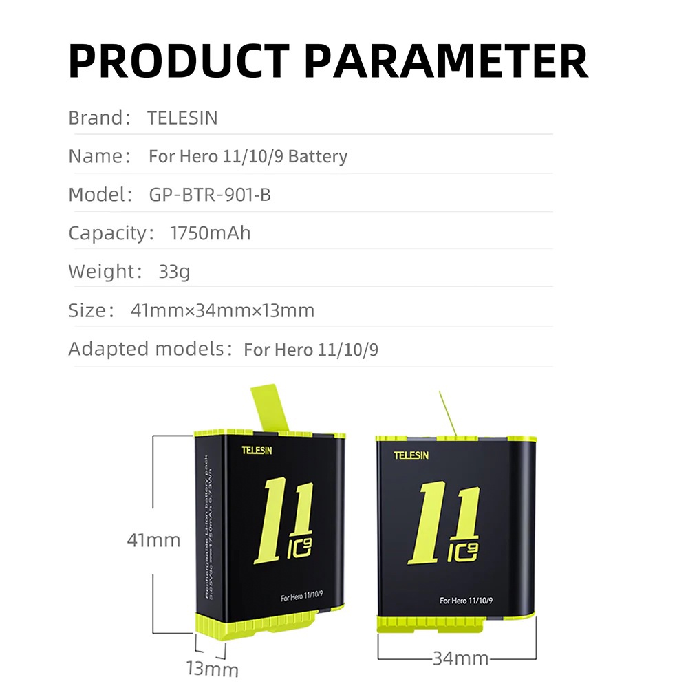 GoPro 11 / 10 / 9 Telesin Charger + Telesin Battery แท่นชาร์จ ที่ชาร์จ + แบตเตอร์รี่โกโปร 11 / 10 / 9