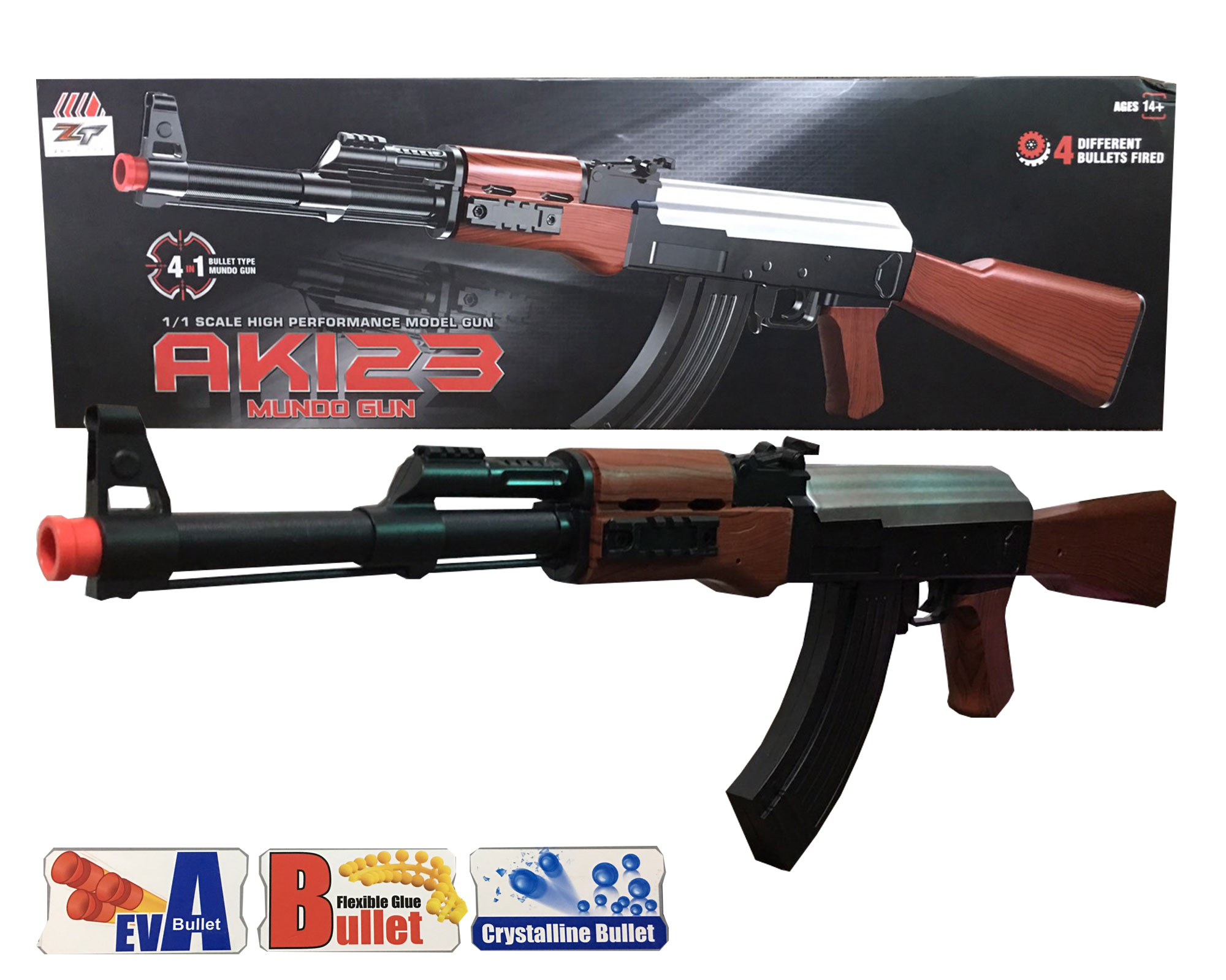 ปืนอัดลม ปืนยิงพลาสติก กระสุนยาง กระสุนกระสุนโฟม 4IN1 AK123 Mundo Gun