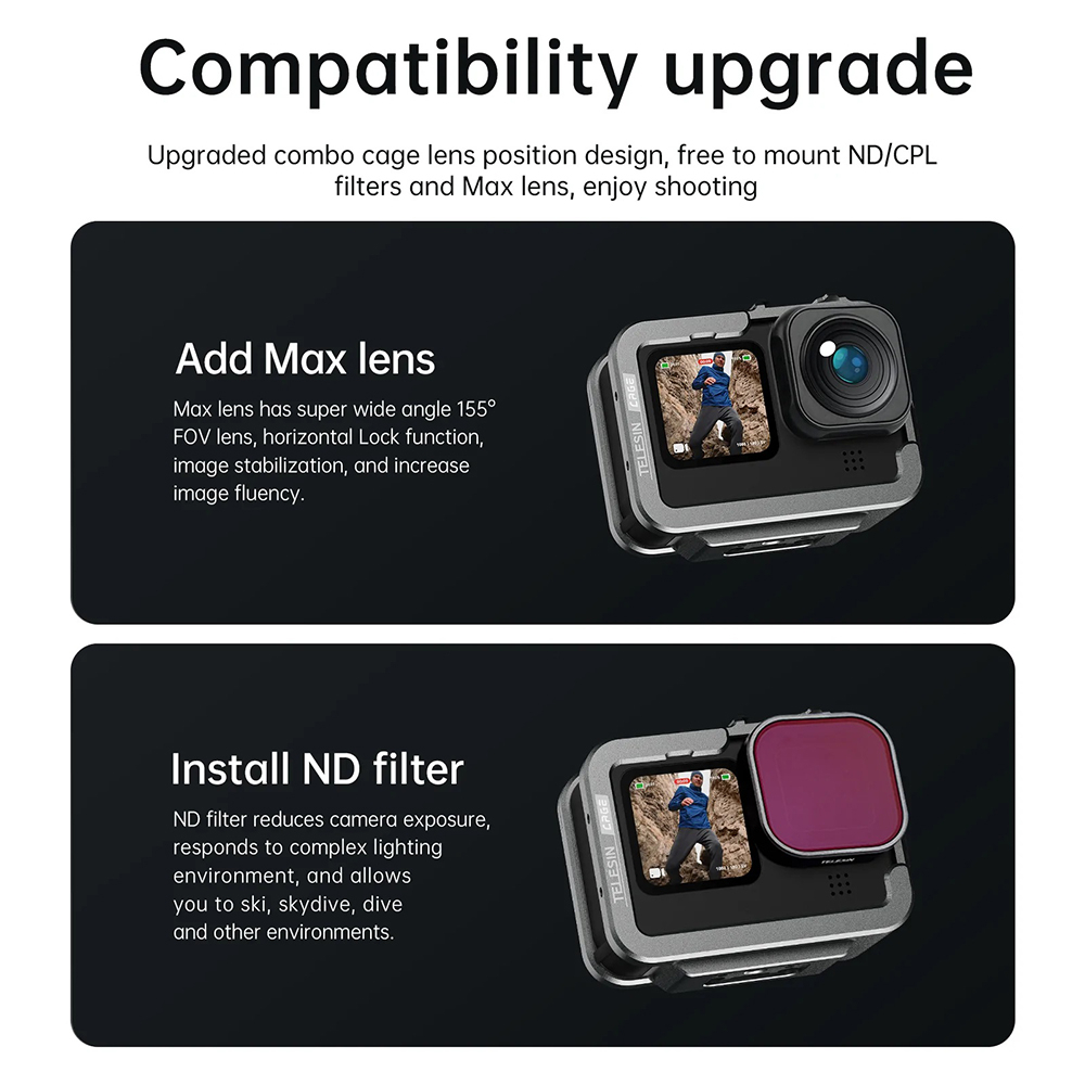 GoPro 11 / 10 / 9 New Telesin Aluminum House Cage Suitable With Max Lens and Lens Filter