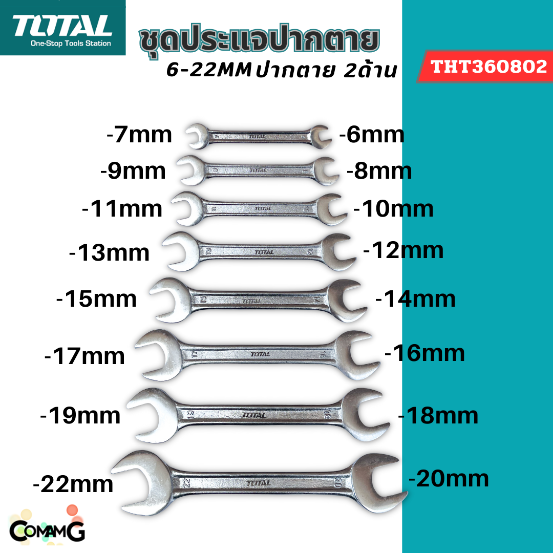 Total ชุดประแจปากตาย 2ข้าง 8ชิ้น เบอร์ 6-22mm พร้อมคลิปหนีบชุด รุ่น THT360802