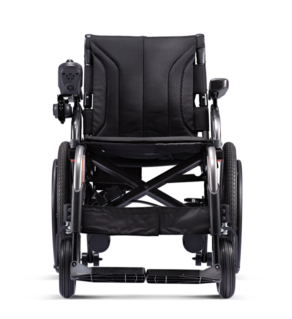 รถเข็นไฟฟ้าคาร์ม่า Eflexx (Power WheelChair KARMA Eflexx) ล้อหลังมี 2 ขนาดเล็ก 14 นิ้ว และล้อใหญ่ 20 นิ้ว สามารถเลือกได้ พับเก็บได้ พนักพิงหลังปรับได้ แบตเตอรี่ถอดและติตตั้งง่าย น้ำหนักเบา เคลื่อนย้ายสะดวก (รุ่นยอดนิยม)