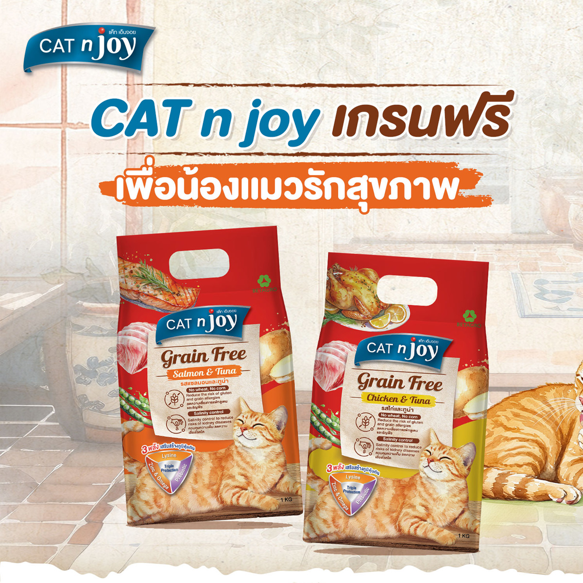 CAT n joy Grainfree แค็ท เอ็น จอย อาหารแมวโต สูตรแกรนฟรี ขนาด 1 kg