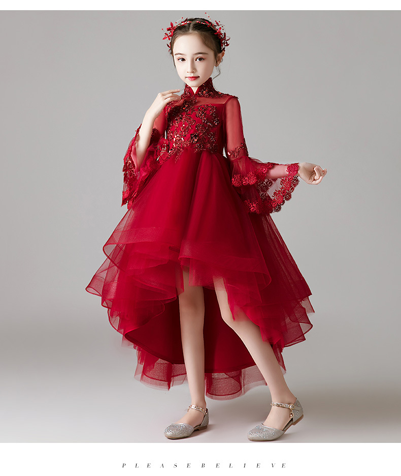 Gd3806- พร้อมส่งจากไทย ชุดราตรีเด็ก สีแดงเข้ม ชุดออกงานเด็กหญิง แขนยาว ทรงหน้าสั้นหลังยาวแบเดรสทรงหางปลา งานลูกไม้สวย ดูหรูหรา คอจีน