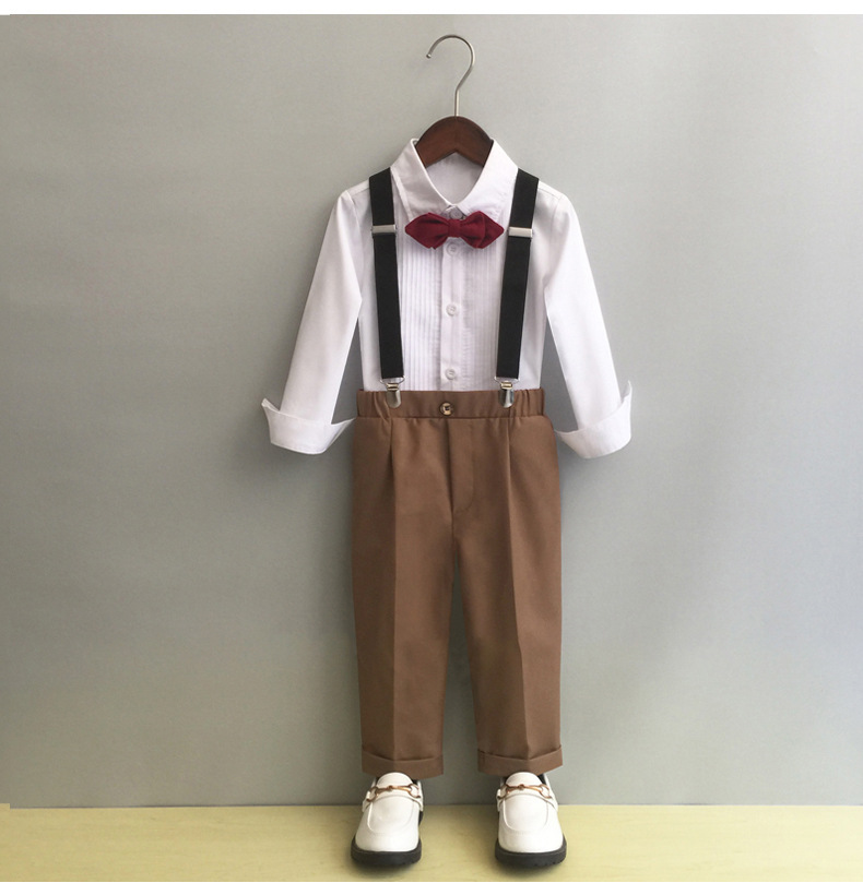 Bset0134- ชุดสูทเด็กชาย 4 ชิ้น เนื้อผ้าสวยใส่สบาย มีเสื้อเชิ้ตจับจีบ+กางเกง+โบว์+สายเอี๊ยม ขนาดชุด +ดูเพิ่ม ในรายละเอียด สำหรับออกงาน หรือการแสดง