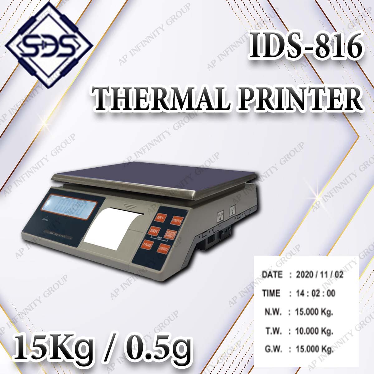 เครื่องชั่งดิจิตอลพร้อมปริ้นเตอร์ในตัว เครื่องชั่งดิจิตอล 15Kg ตาชั่งดิจิตอล 15Kg เครื่องชั่งน้ำหนักดิจิตอล 15Kg ตาชั่งน้ำหนักดิจิตอล 15Kg เครื่องชั่งพร้อมเครื่องปริ้นในตัว พิกัด 15Kg อ่านค่าความละเอียด 0.5g ยี่ห้อ SDS รุ่น IDS-816TM