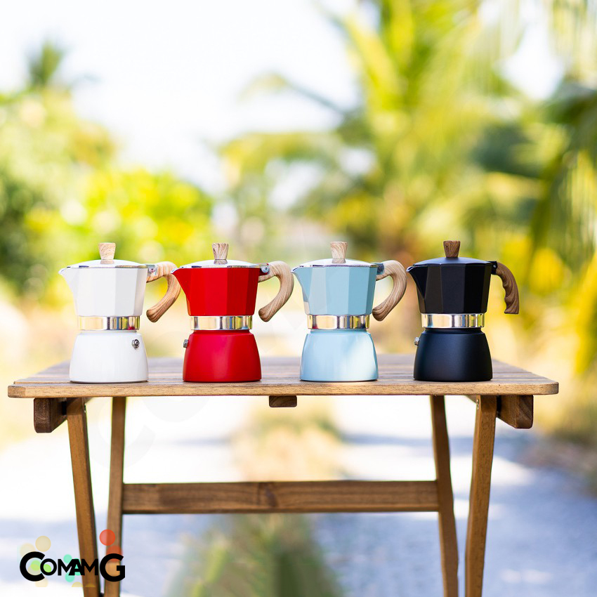 Moka Pot กาต้มกาแฟสดพกพา รุ่นหนา หม้อต้มกาแฟ ทรงแปดเหลี่ยม หูจับลายไม้ มีหลายสี