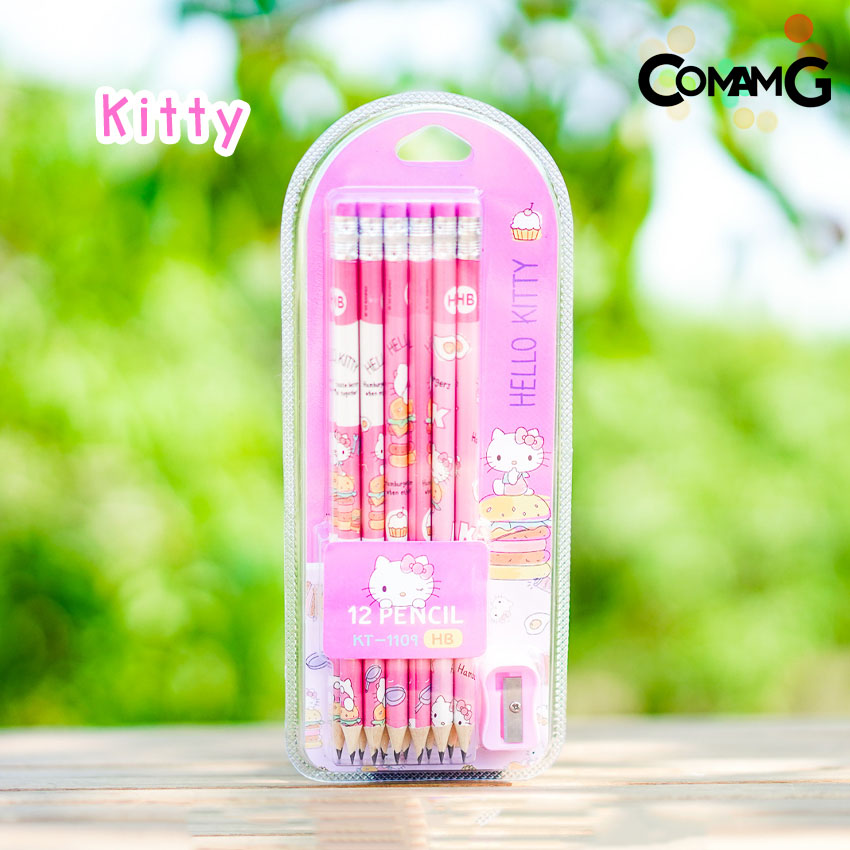 ชุดเครื่องเขียน ดินสอไม้ ดินสอหัวยางลบ ชุดเซ็ตดินสอ12แท่ง+กบเหลา ลายการ์ตูน ลิขสิทธิ์แท้