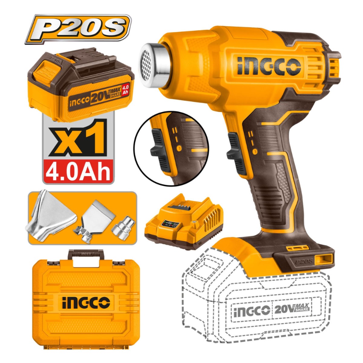INGCO ปืนเป่าลมร้อนไร้สาย 20V+(แบตเตอรี่1ก้อน4.0Ah+แท่นชาร์จ1อัน) [HGLI20025]