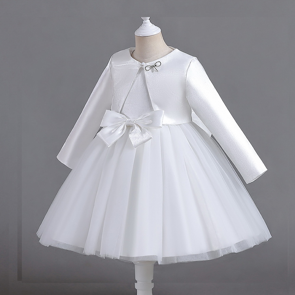 Gd3991- พร้อมส่งจากไทย ชุดออกงานเด็กหญิงสีขาว+เสื้อคลุมแขนยาว+เข็มกลัด ร้อยติดมุกที่คอ ชุดราตรีเด็กทรงสั้น เด็กเล็ก-เด็กโต ชุดออกงานการแสดง