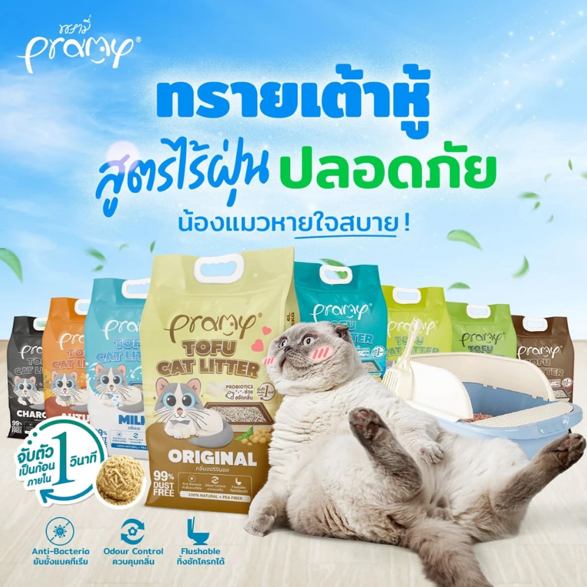 Pramy พรามี่ ทรายแมวเต้าหู้ สูตรไร้ฝุ่น จับตัวเป็นก้อนเร็ว จากใยถั่วเหลืองธรรมชาติ ขนาด 20L มีให้เลือก 8 กลิ่น