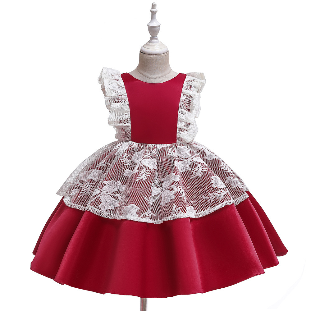 ชุดราตรีเด็ก Gd35251 พร้อมส่งจากไทย ชุดออกงานเด็กหญิงสีแดง เด็กเล็ก-เด็กโต ลูกไม้สีขาวน่ารัก ทรงสั้น ชุดเดรสเด็กหญิง