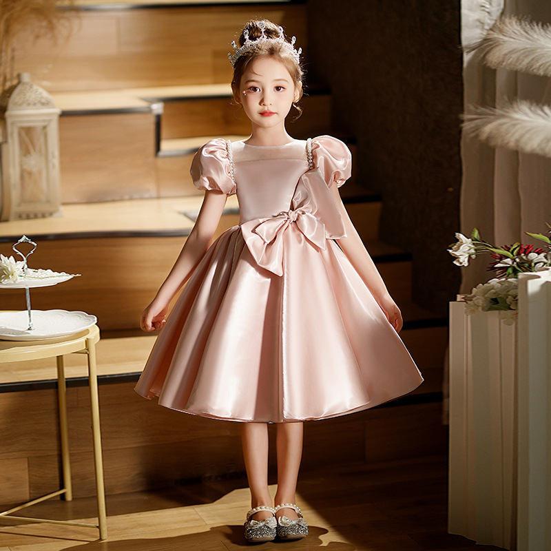 Gd4510- พร้อมส่งจากไทย ชุดออกงานเด็กหญิงสีชมพู แขนตุ๊กตาร้อยมุกสุดหรูหรา ติดโบว์แยกจากชุดได้ ผ้าสวยหรูหราดุจไหม เด็กเล็ก-เด็กโต ชุดราตรีเด็กทรงสั้น