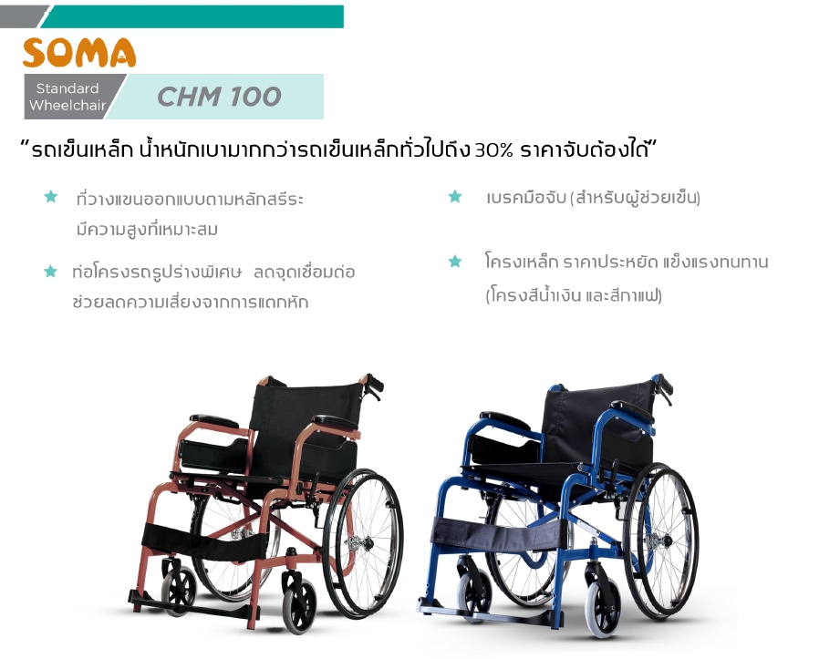 รถเข็นโครงเหล็ก แบรนด์โซม่า รุ่น CHM100 (WheelChair SOMA CHAMPION 100) โครงสีน้ำเงิน ล้อหลัง 22 นิ้ว เบาะสีดำ 18 นิ้ว ของแท้ รับประกันศูนย์ไทย 1 ปี