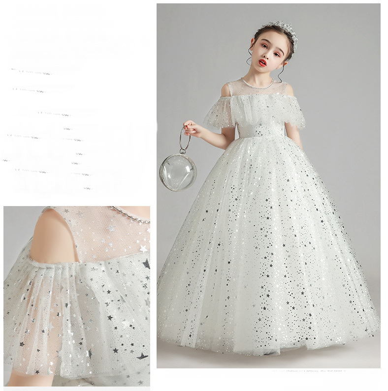 Gd3729- พร้อมส่งจากไทย ชุดราตรีเด็กสีขาว ตกแต่งดาวสีเงิน งานสวยหรูดูดี ชุดออกงานเด็กหญิง มีแขน