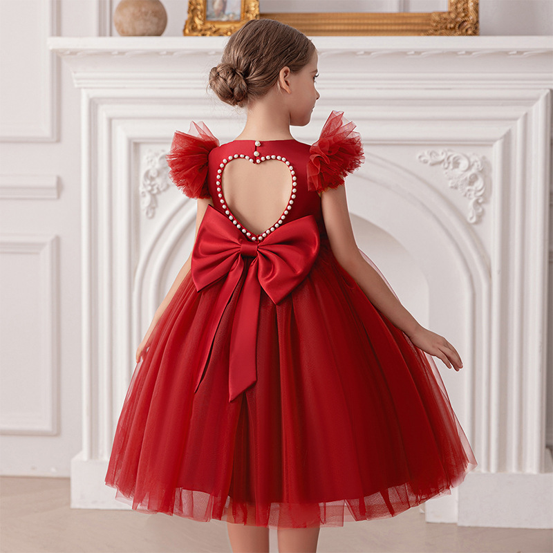 Gd4520- พร้อมส่งจากไทย ชุดออกงานเด็กหญิงสีแดง หลังเว้าสวยหวานด้วยมุก แขนระบายน่ารัก โบว์แยกจากชุดได้ ชุดราตรีเด็กทรงสั้น