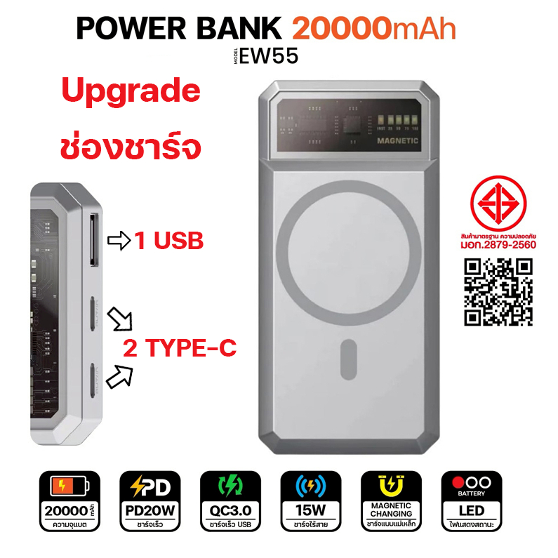 Orsen Eloop รุ่น EW55 ชาร์จแบบแม่เหล็ก 20000mAh PD 20W ไร้สาย Power Bank แบตสำรอง