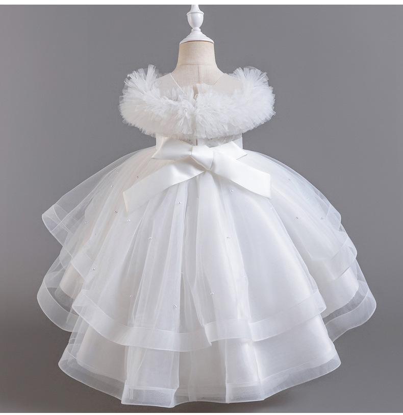 Gd4124- พร้อมส่งจากไทย ชุดออกงานเด็กหญิงสีขาว แขนสวยฟูฟ่อง ทรงสวย กระโปรงติดมุก สุดน่ารัก ชุดราตรีเด็กทรงหน้าสั้น-หลังยาว