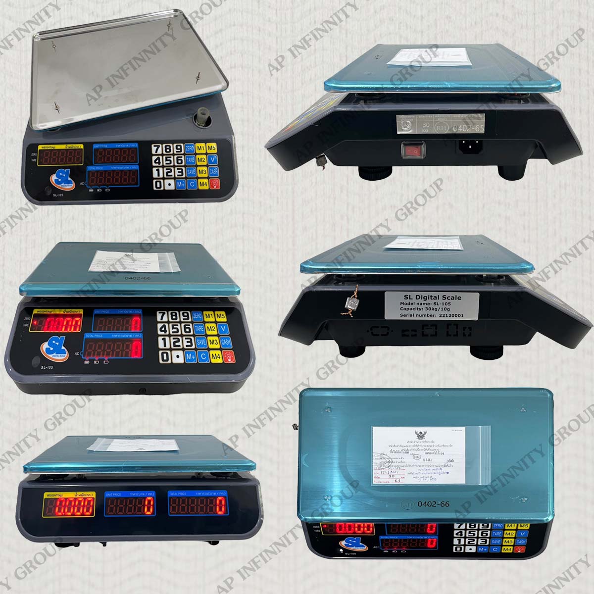เครื่องชั่งคำนวณราคา ระบบดิจิตอล ชั่งได้สูงสุด 30 กิโลกรัม ค่าละเอียด 10 กรัม พร้อมใบตรวจรับรองจากสำนักงานกลางชั่งตวงวัด
