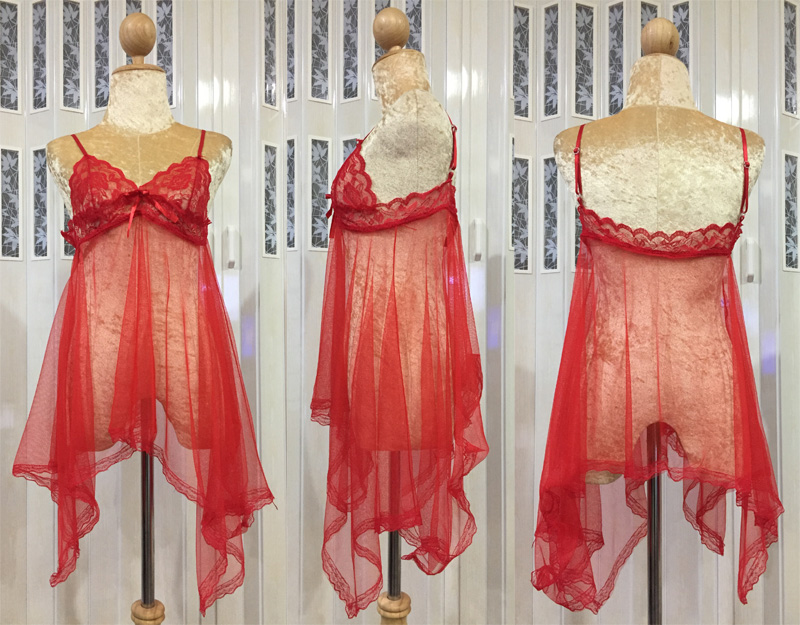 ชุดนอนซีทรู (See Through) สายเดี่ยว สีแดง ชายระบายเป็นลูกไม้ ภาพสินค้าจริง
