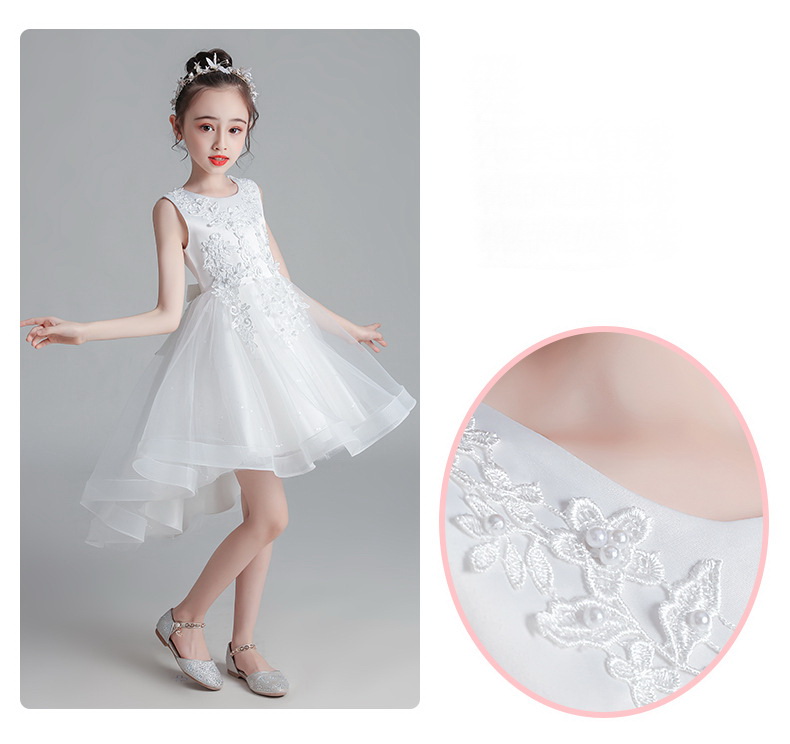 Gd3997- พร้อมส่งจากไทย ชุดออกงานเด็กหญิงสีขาว ลูกไม้สวยกระโปรงฟรุ้งฟริ้ง ชุดราตรีเด็กทรงหน้าสั้น-หลังยาวแบบบเดรสหางปลา ชุดออกงานการแสดง