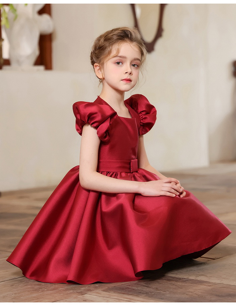 Gd4505- พร้อมส่งจากไทย ชุดออกงานเด็กหญิงสีแดง แขนตุ๊กตาสวย ผ้าสวยดุจไหม ทรงสวยมีสไตล์ ชุดราตรีเด็กทรงสั้น