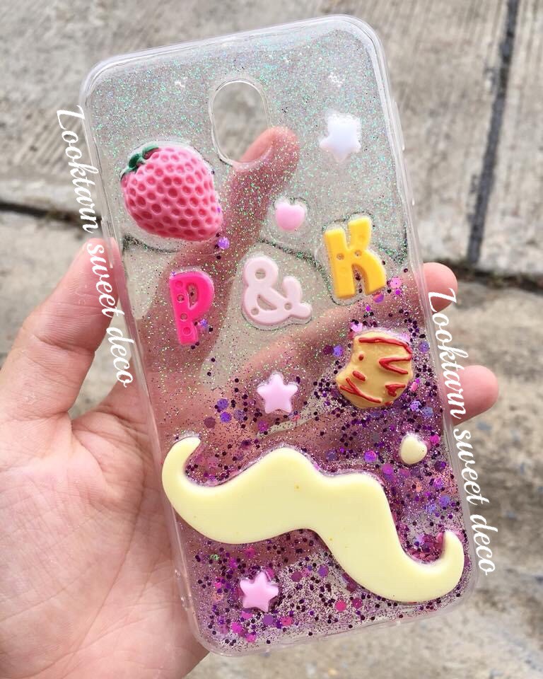 เคสกากเพชรขาว ม่วง บางๆ อักษรคละสีตกแต่งหนวดใหญ่